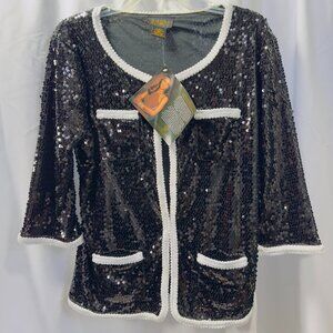 NWT Iman Black Sequin Jacket w White Trim Size L 4 Pockets
